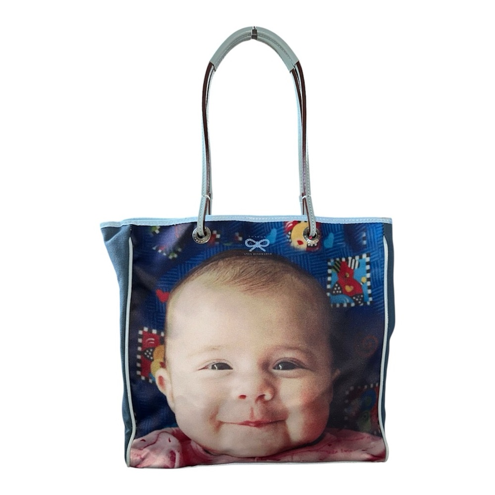 ANYA HINDMARCH Baby Blue Leather and Canvas Print Tote